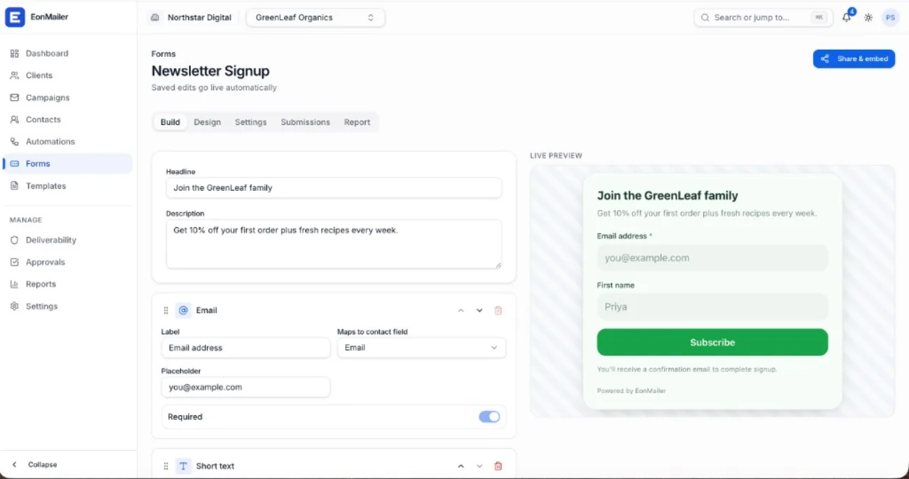 Build signup forms with a live preview and share/embed