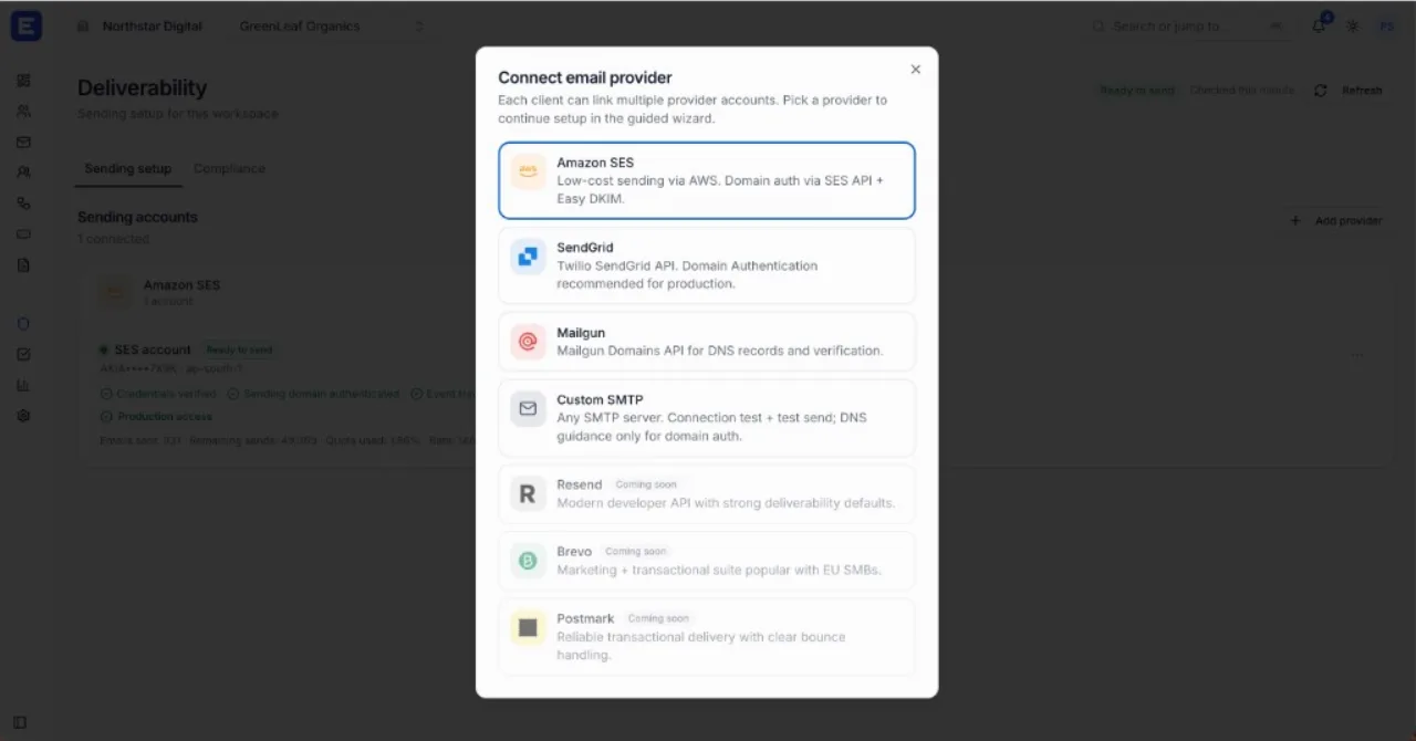 BYO SES, SendGrid, Mailgun, or SMTP — clients keep their send bill
